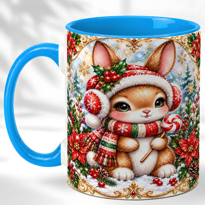 #pl[11oz|Blue] Christmas Bunny Coffee Mug, Holiday Rabbit Mug, Ceramic Cup