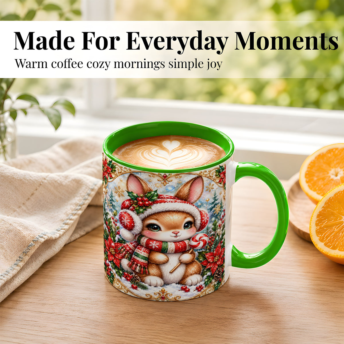 #pl[11oz|Green] Christmas Bunny Coffee Mug, Holiday Rabbit Mug, Ceramic Cup