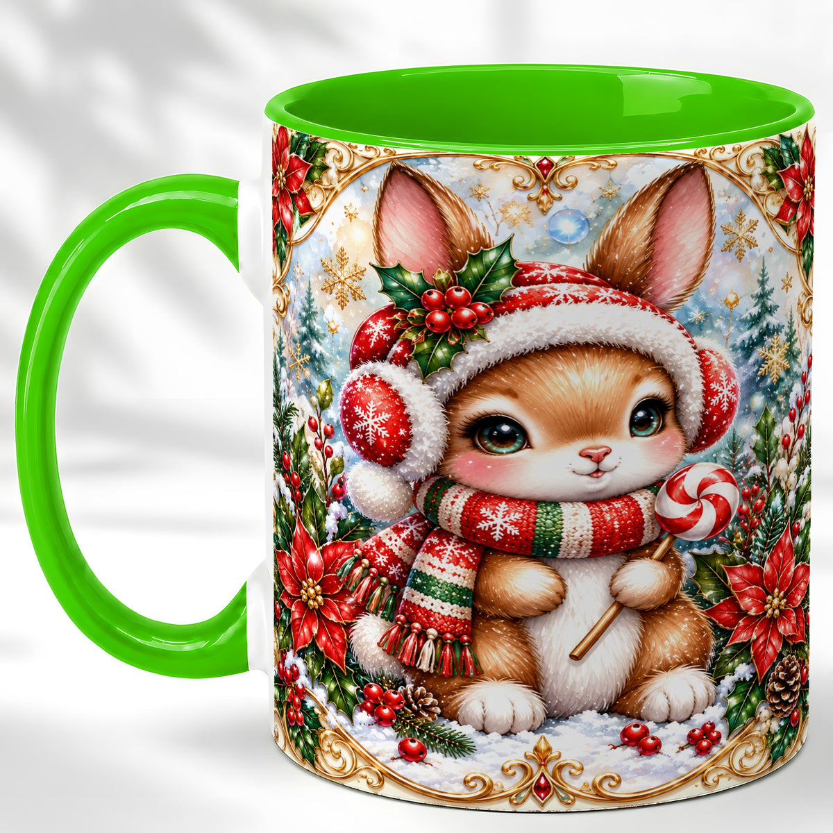 #pl[11oz|Green] Christmas Bunny Coffee Mug, Holiday Rabbit Mug, Ceramic Cup