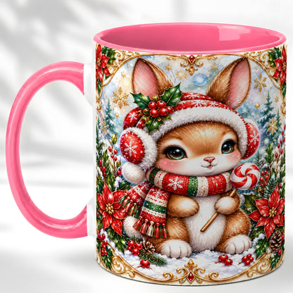 #pl[11oz|Pink] Christmas Bunny Coffee Mug, Holiday Rabbit Mug, Ceramic Cup