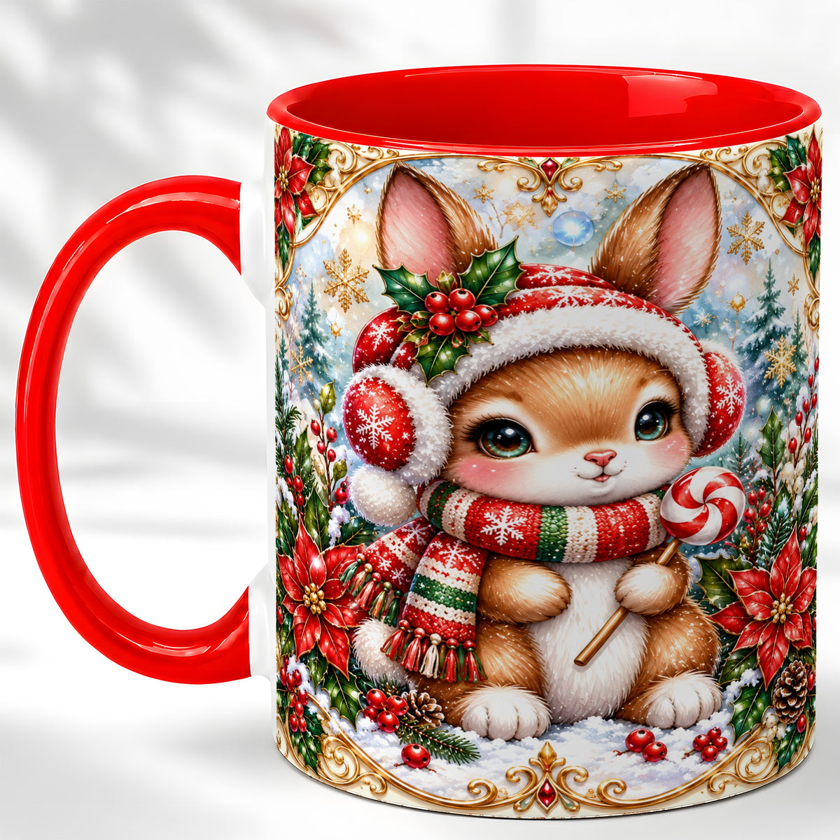 Christmas Bunny Coffee Mug, Holiday Rabbit Mug, Ceramic Cup