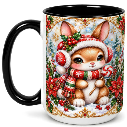 #pl[15oz|Black] Christmas Bunny Coffee Mug, Holiday Rabbit Mug, Ceramic Cup