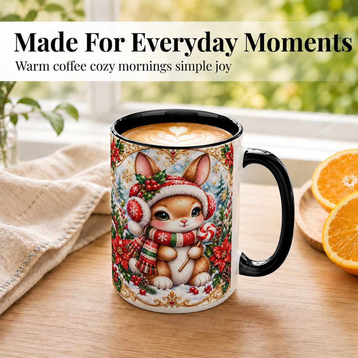 #pl[15oz|Black] Christmas Bunny Coffee Mug, Holiday Rabbit Mug, Ceramic Cup