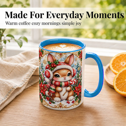 #pl[15oz|Blue] Christmas Bunny Coffee Mug, Holiday Rabbit Mug, Ceramic Cup