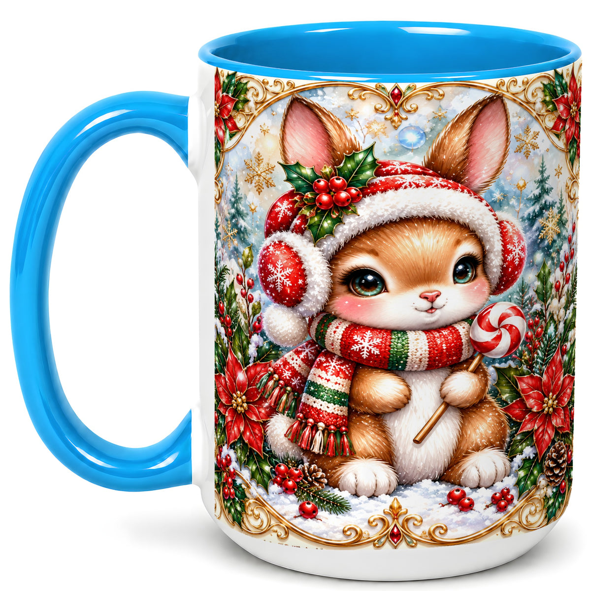 #pl[15oz|Blue] Christmas Bunny Coffee Mug, Holiday Rabbit Mug, Ceramic Cup