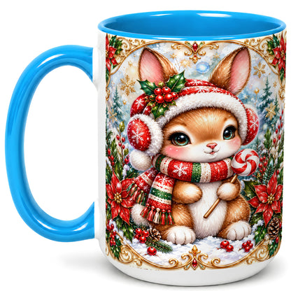#pl[15oz|Blue] Christmas Bunny Coffee Mug, Holiday Rabbit Mug, Ceramic Cup