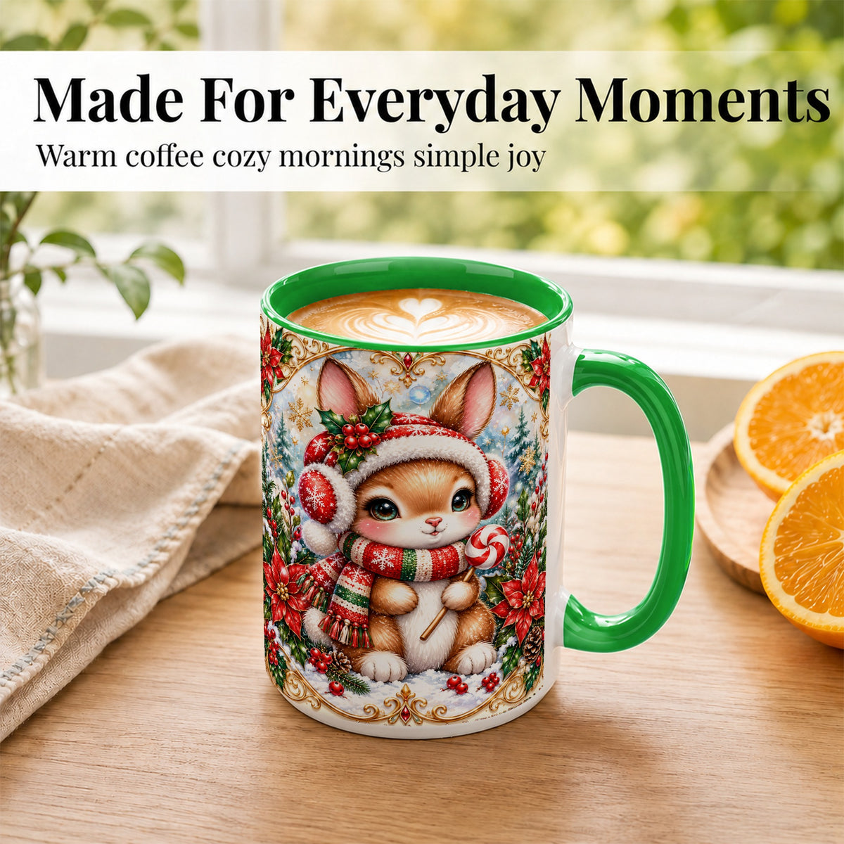 #pl[15oz|Green] Christmas Bunny Coffee Mug, Holiday Rabbit Mug, Ceramic Cup