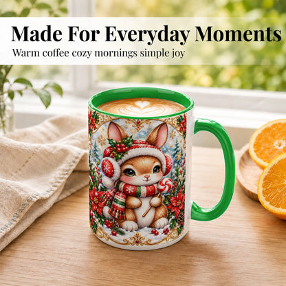 #pl[15oz|Green] Christmas Bunny Coffee Mug, Holiday Rabbit Mug, Ceramic Cup