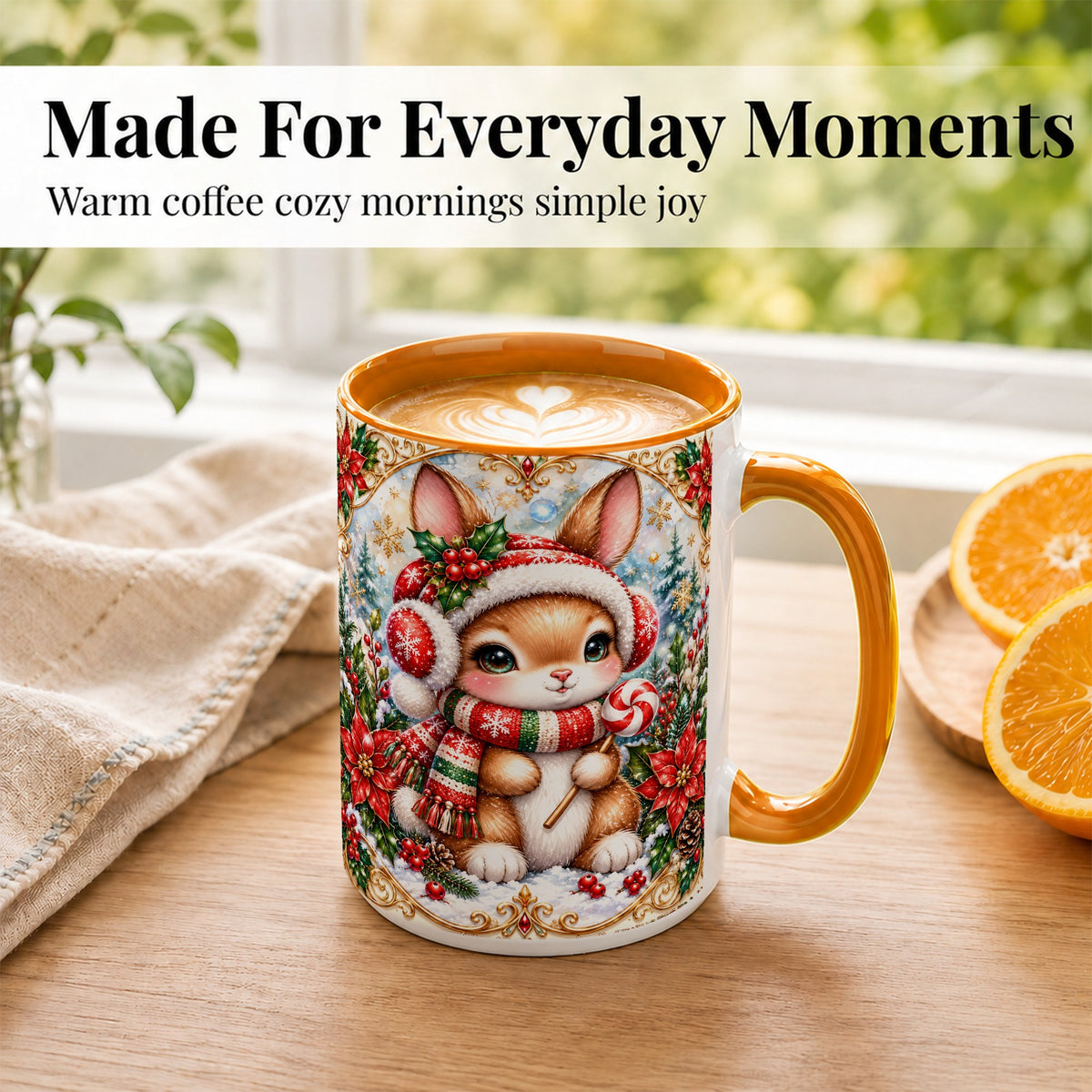 #pl[15oz|Orange] Christmas Bunny Coffee Mug, Holiday Rabbit Mug, Ceramic Cup