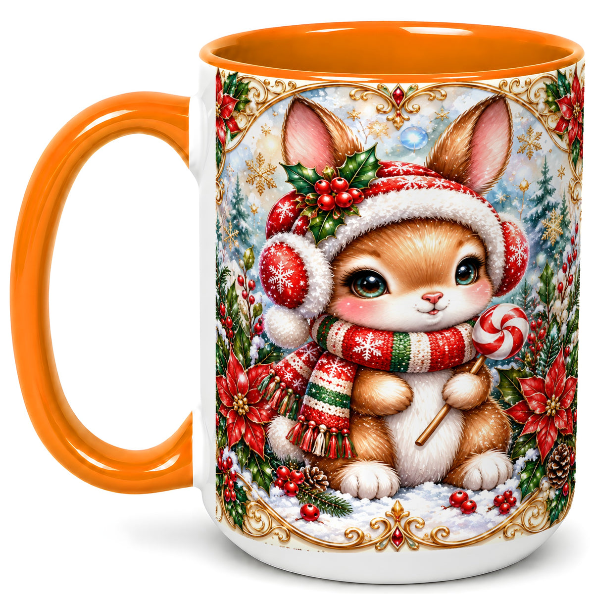 #pl[15oz|Orange] Christmas Bunny Coffee Mug, Holiday Rabbit Mug, Ceramic Cup