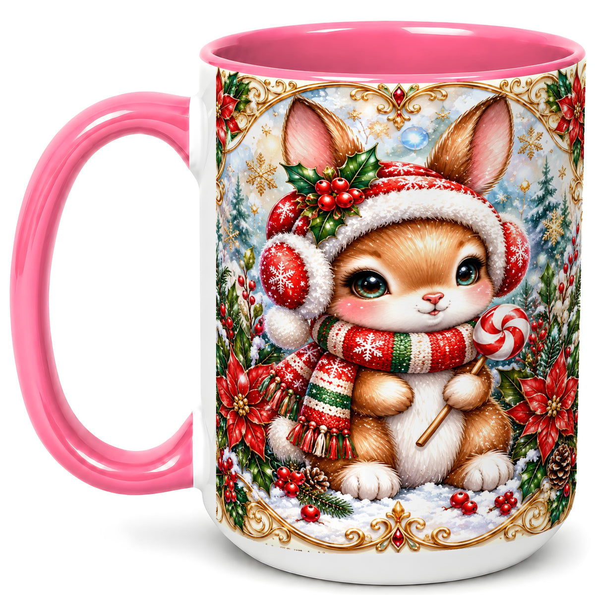 #pl[15oz|Pink] Christmas Bunny Coffee Mug, Holiday Rabbit Mug, Ceramic Cup