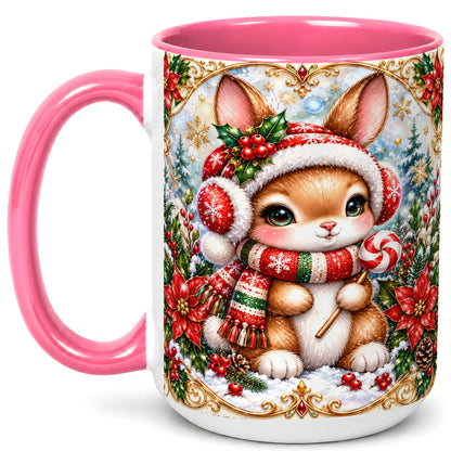#pl[15oz|Pink] Christmas Bunny Coffee Mug, Holiday Rabbit Mug, Ceramic Cup