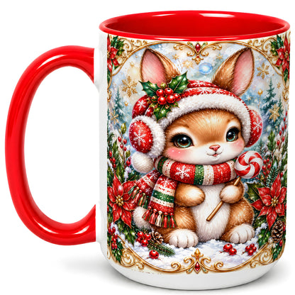 #pl[15oz|Red] Christmas Bunny Coffee Mug, Holiday Rabbit Mug, Ceramic Cup