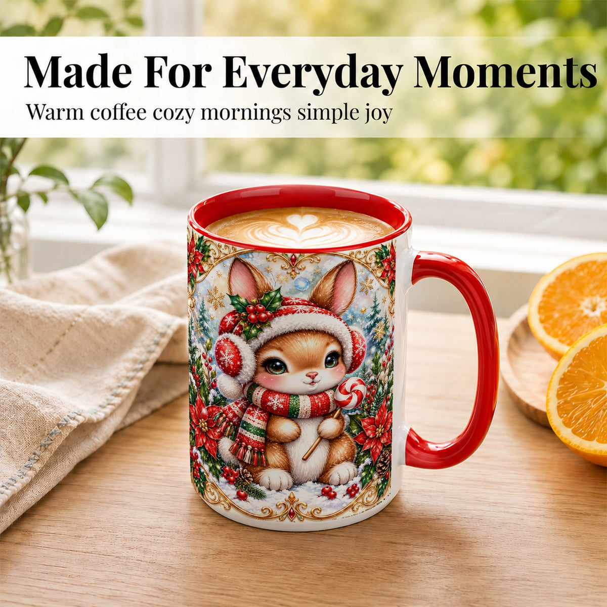#pl[15oz|Red] Christmas Bunny Coffee Mug, Holiday Rabbit Mug, Ceramic Cup