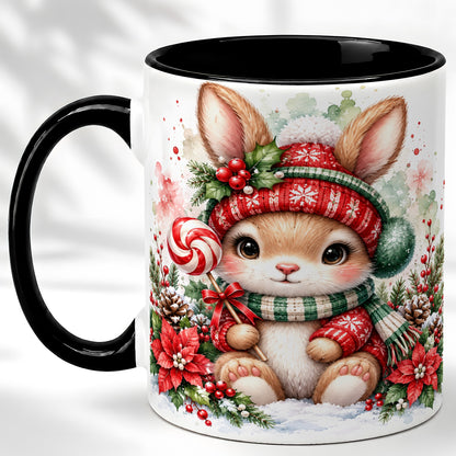 #pl[11oz|Black] Watercolor Christmas Bunny Coffee Mug, Holiday Rabbit Mug, Ceramic Cup