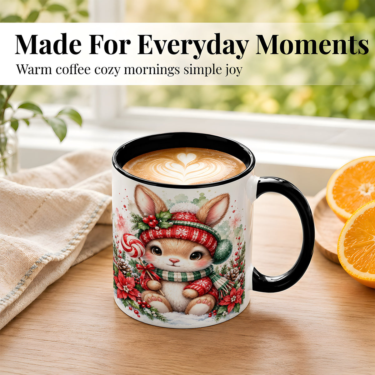 #pl[11oz|Black] Watercolor Christmas Bunny Coffee Mug, Holiday Rabbit Mug, Ceramic Cup