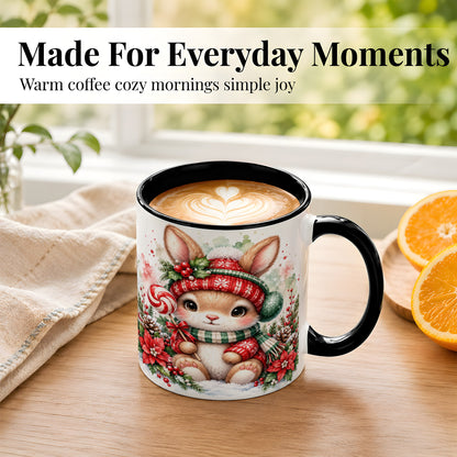 #pl[11oz|Black] Watercolor Christmas Bunny Coffee Mug, Holiday Rabbit Mug, Ceramic Cup