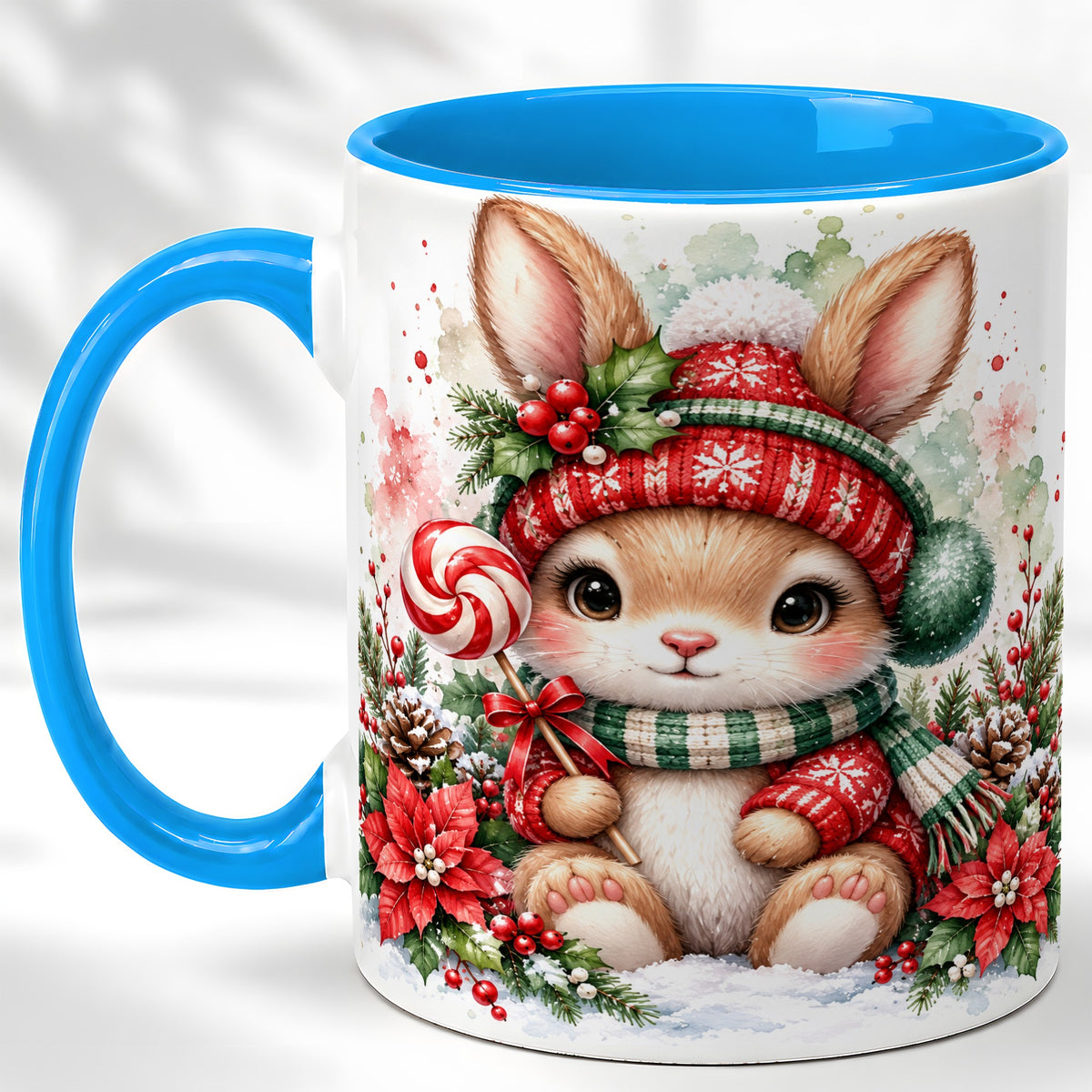 #pl[11oz|Blue] Watercolor Christmas Bunny Coffee Mug, Holiday Rabbit Mug, Ceramic Cup