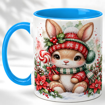 #pl[11oz|Blue] Watercolor Christmas Bunny Coffee Mug, Holiday Rabbit Mug, Ceramic Cup