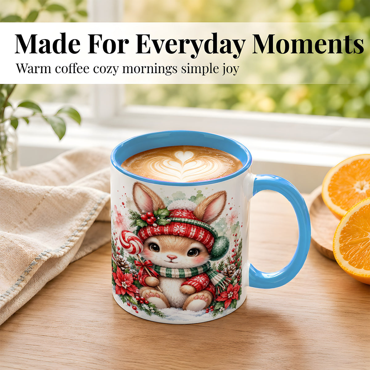 #pl[11oz|Blue] Watercolor Christmas Bunny Coffee Mug, Holiday Rabbit Mug, Ceramic Cup
