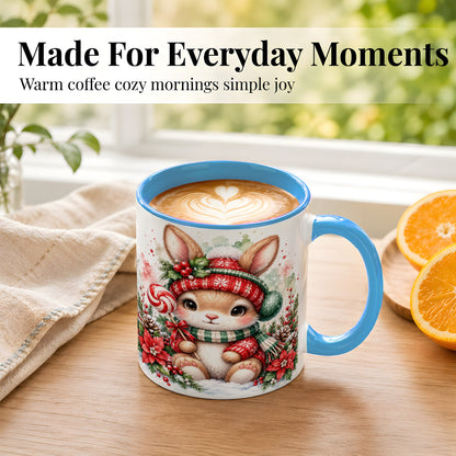 #pl[11oz|Blue] Watercolor Christmas Bunny Coffee Mug, Holiday Rabbit Mug, Ceramic Cup