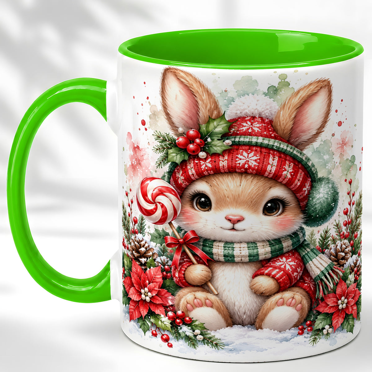 #pl[11oz|Green] Watercolor Christmas Bunny Coffee Mug, Holiday Rabbit Mug, Ceramic Cup