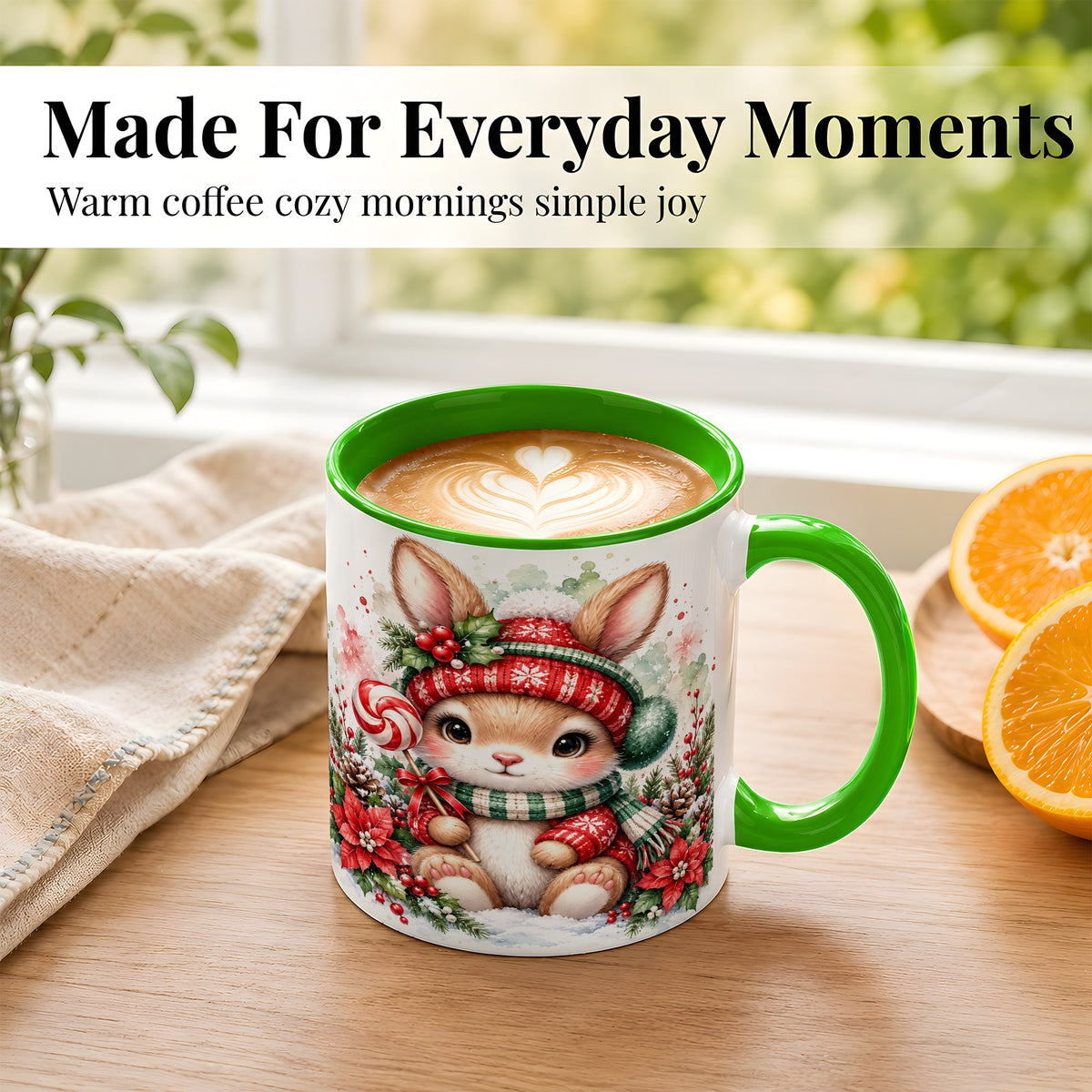 #pl[11oz|Green] Watercolor Christmas Bunny Coffee Mug, Holiday Rabbit Mug, Ceramic Cup