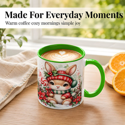 #pl[11oz|Green] Watercolor Christmas Bunny Coffee Mug, Holiday Rabbit Mug, Ceramic Cup