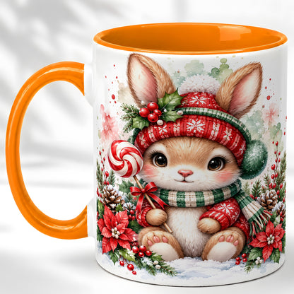 #pl[11oz|Orange] Watercolor Christmas Bunny Coffee Mug, Holiday Rabbit Mug, Ceramic Cup