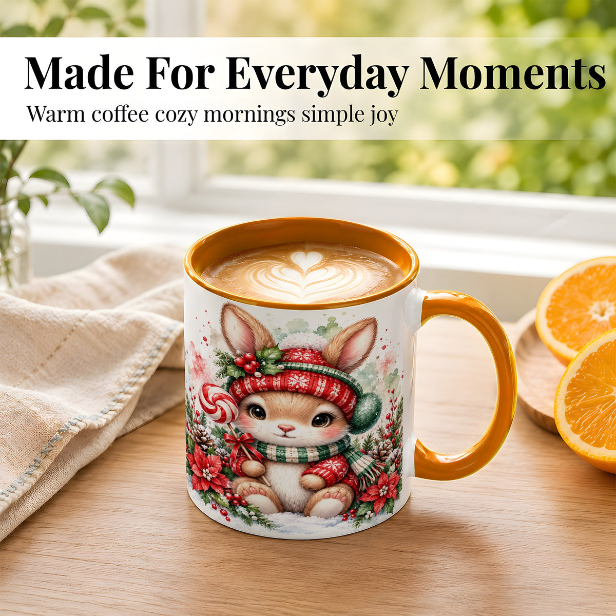 #pl[11oz|Orange] Watercolor Christmas Bunny Coffee Mug, Holiday Rabbit Mug, Ceramic Cup