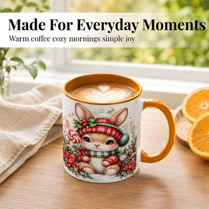 #pl[11oz|Orange] Watercolor Christmas Bunny Coffee Mug, Holiday Rabbit Mug, Ceramic Cup