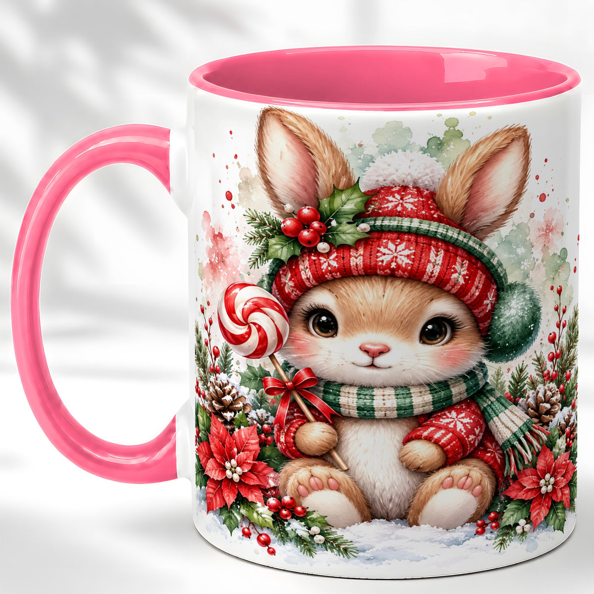 #pl[11oz|Pink] Watercolor Christmas Bunny Coffee Mug, Holiday Rabbit Mug, Ceramic Cup