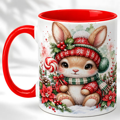 Watercolor Christmas Bunny Coffee Mug, Holiday Rabbit Mug, Ceramic Cup