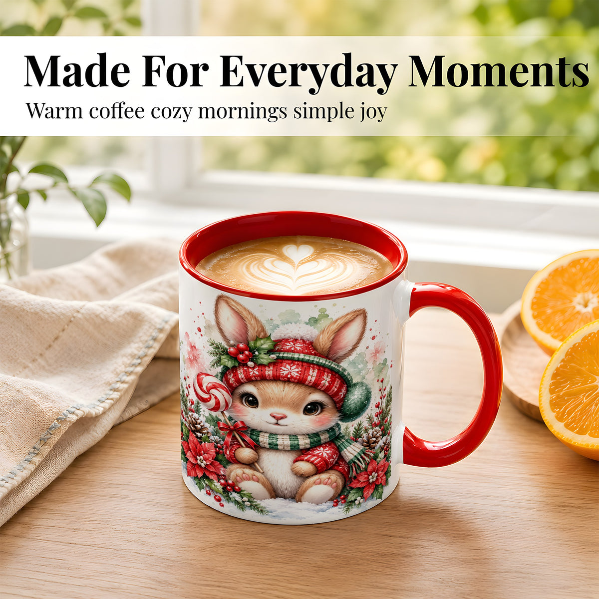 #pl[11oz|Red] Watercolor Christmas Bunny Coffee Mug, Holiday Rabbit Mug, Ceramic Cup