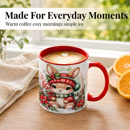 #pl[11oz|Red] Watercolor Christmas Bunny Coffee Mug, Holiday Rabbit Mug, Ceramic Cup