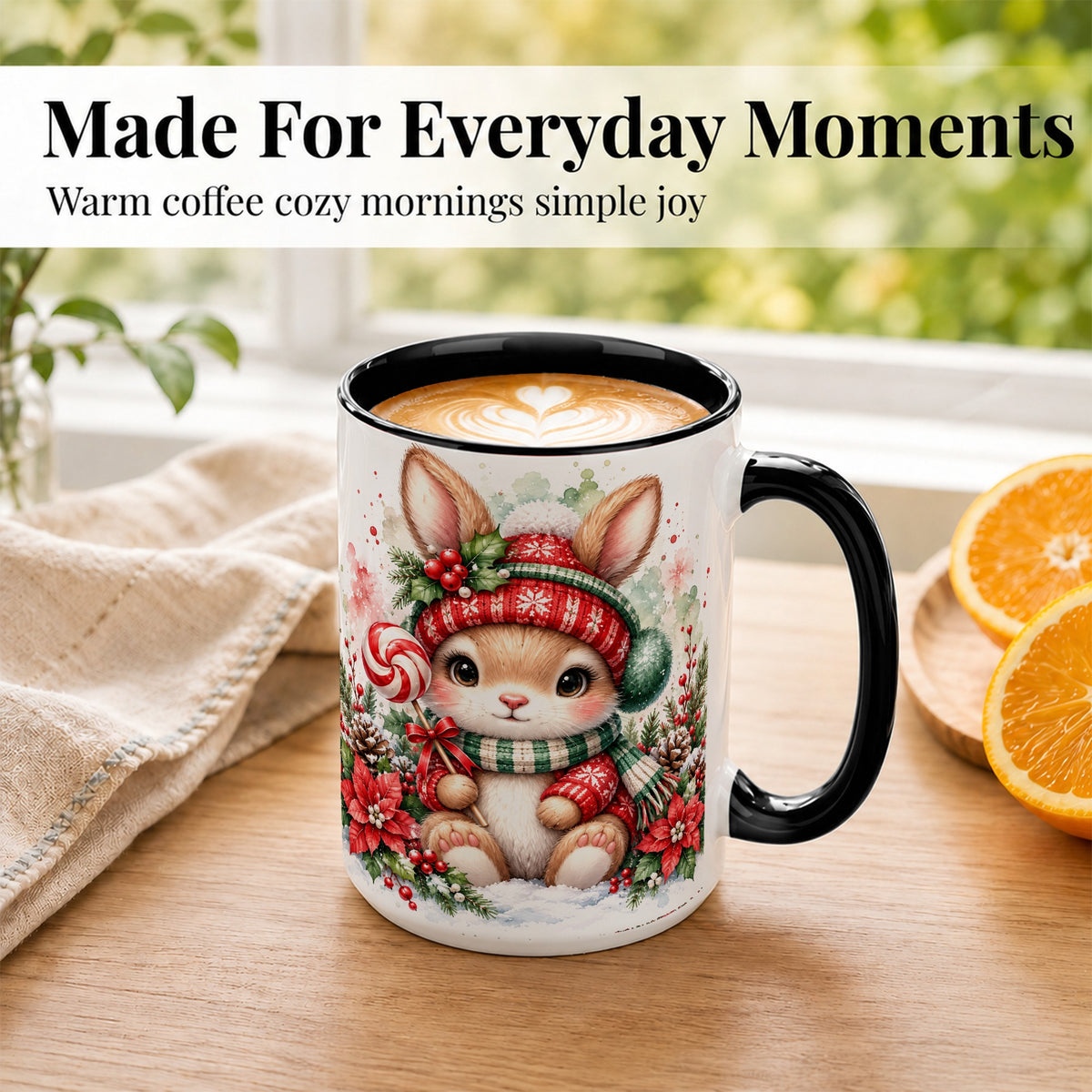 #pl[15oz|Black] Watercolor Christmas Bunny Coffee Mug, Holiday Rabbit Mug, Ceramic Cup