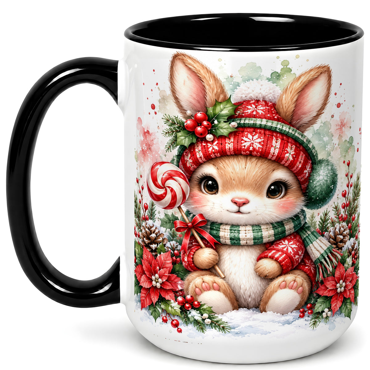 #pl[15oz|Black] Watercolor Christmas Bunny Coffee Mug, Holiday Rabbit Mug, Ceramic Cup