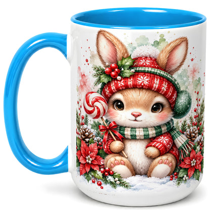 #pl[15oz|Blue] Watercolor Christmas Bunny Coffee Mug, Holiday Rabbit Mug, Ceramic Cup