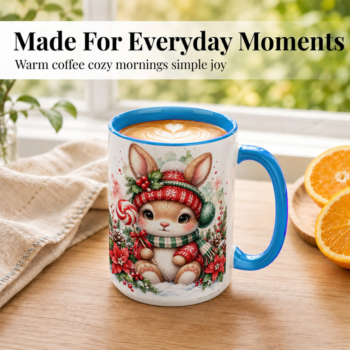 #pl[15oz|Blue] Watercolor Christmas Bunny Coffee Mug, Holiday Rabbit Mug, Ceramic Cup