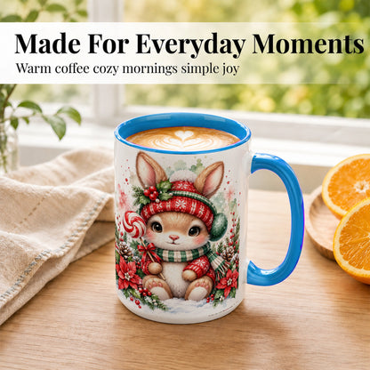 #pl[15oz|Blue] Watercolor Christmas Bunny Coffee Mug, Holiday Rabbit Mug, Ceramic Cup
