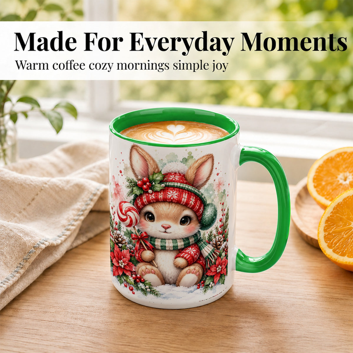 #pl[15oz|Green] Watercolor Christmas Bunny Coffee Mug, Holiday Rabbit Mug, Ceramic Cup