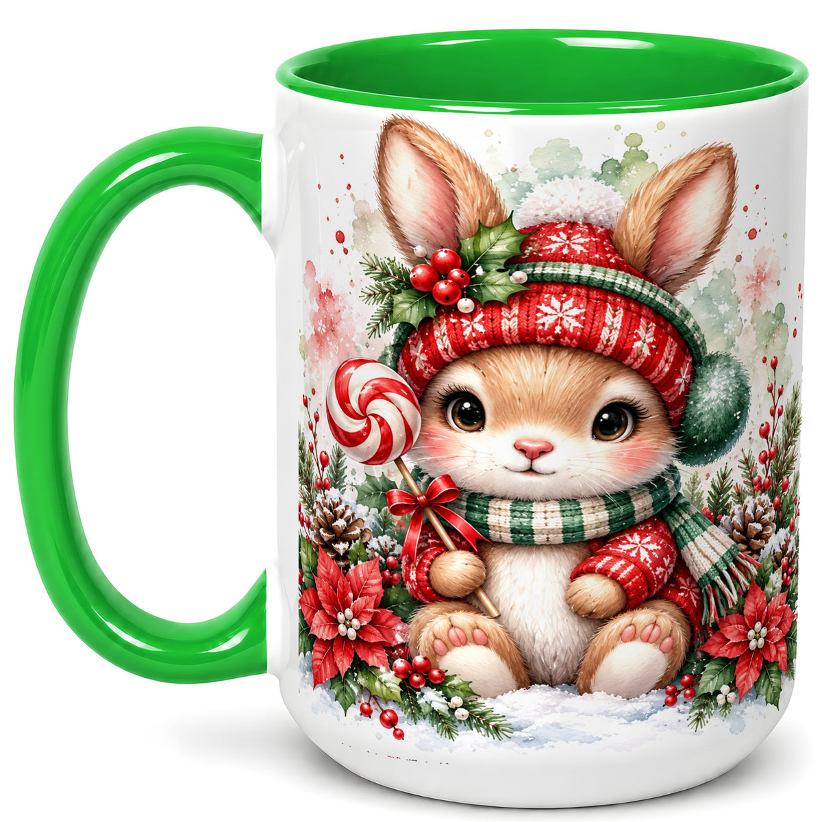 #pl[15oz|Green] Watercolor Christmas Bunny Coffee Mug, Holiday Rabbit Mug, Ceramic Cup