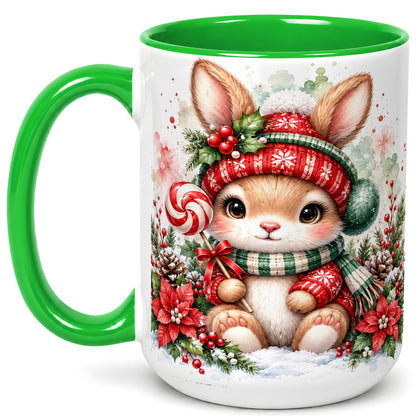 #pl[15oz|Green] Watercolor Christmas Bunny Coffee Mug, Holiday Rabbit Mug, Ceramic Cup