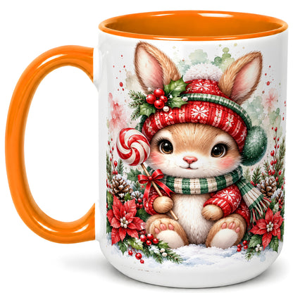 #pl[15oz|Orange] Watercolor Christmas Bunny Coffee Mug, Holiday Rabbit Mug, Ceramic Cup