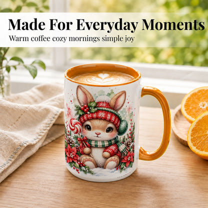 #pl[15oz|Orange] Watercolor Christmas Bunny Coffee Mug, Holiday Rabbit Mug, Ceramic Cup