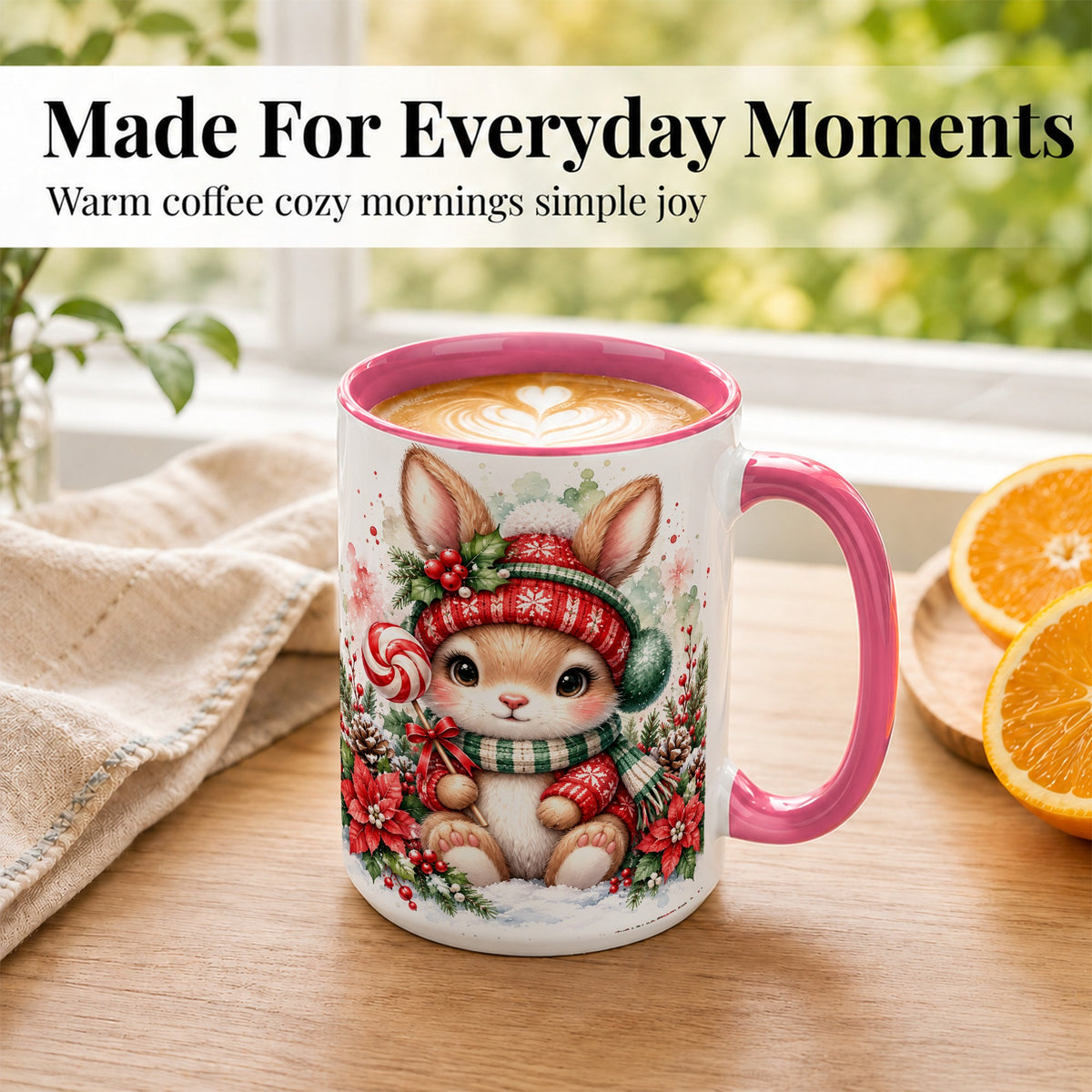 #pl[15oz|Pink] Watercolor Christmas Bunny Coffee Mug, Holiday Rabbit Mug, Ceramic Cup