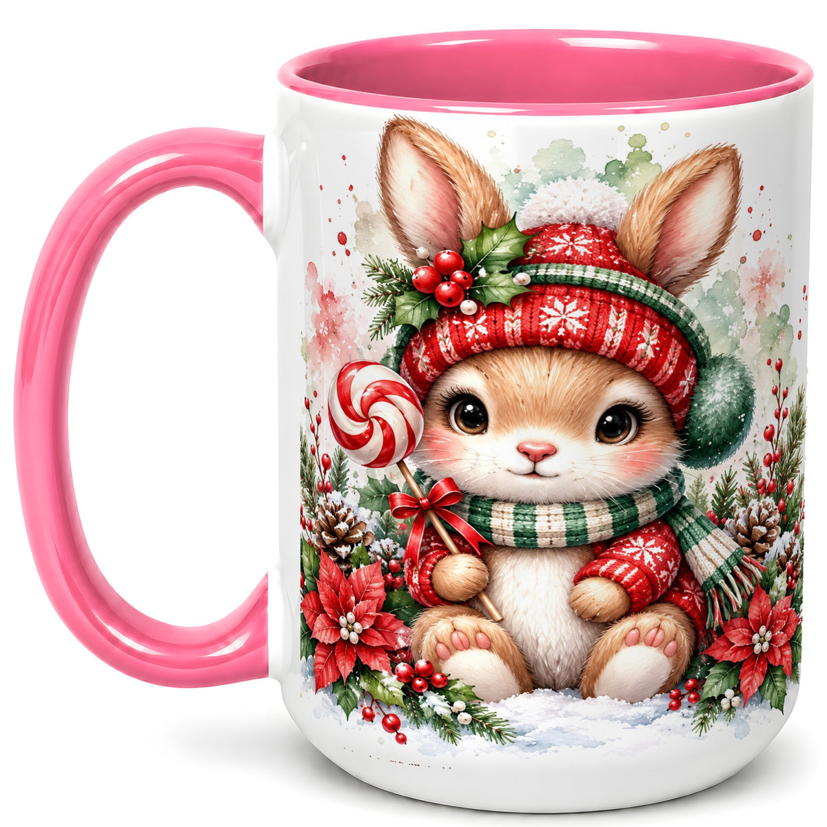 #pl[15oz|Pink] Watercolor Christmas Bunny Coffee Mug, Holiday Rabbit Mug, Ceramic Cup