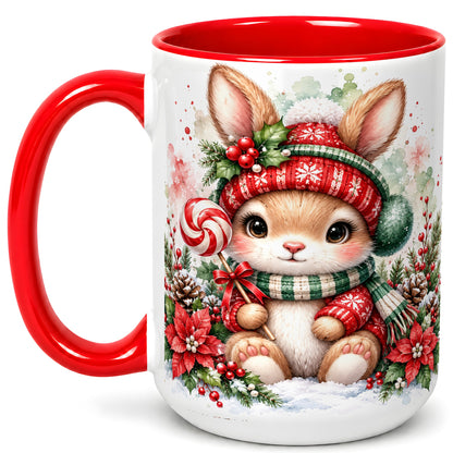 #pl[15oz|Red] Watercolor Christmas Bunny Coffee Mug, Holiday Rabbit Mug, Ceramic Cup
