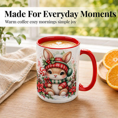 #pl[15oz|Red] Watercolor Christmas Bunny Coffee Mug, Holiday Rabbit Mug, Ceramic Cup