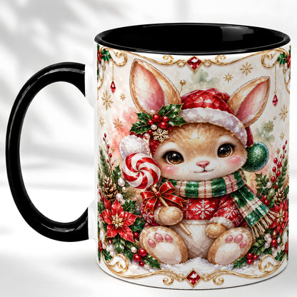 #pl[11oz|Black] Crystal Style Christmas Bunny Coffee Mug, Holiday Rabbit Mug, Ceramic Cup